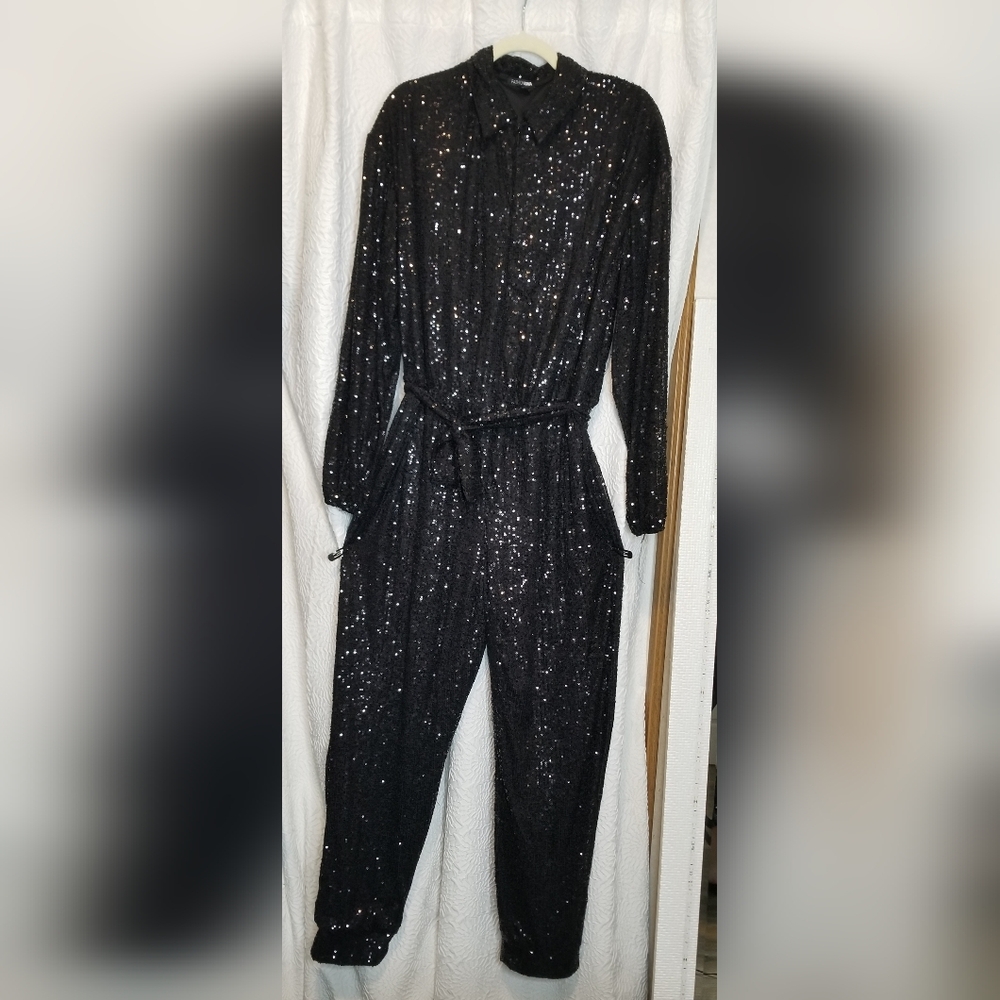 Fashion Nova Angela Sequin Jumpsuit- Black 1X